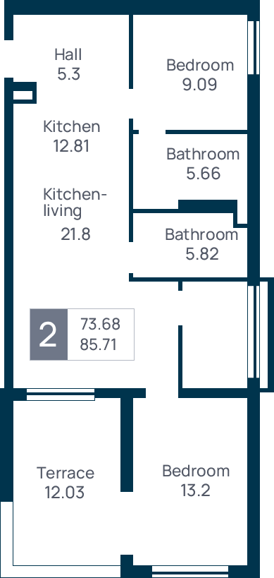 2 room apartment, №38, floor 6